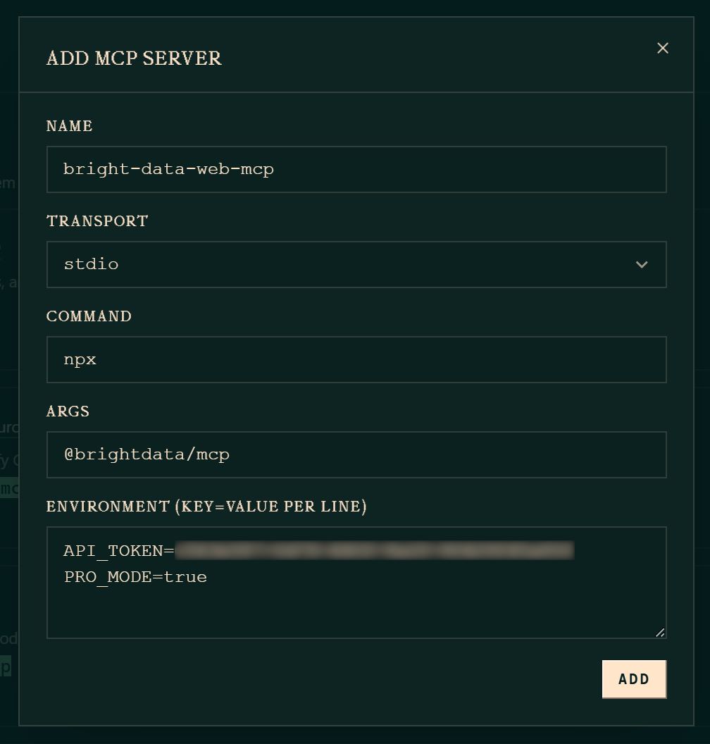Filling out the “ADD MCP SERVER” modal for Bright Data Web MCP integration