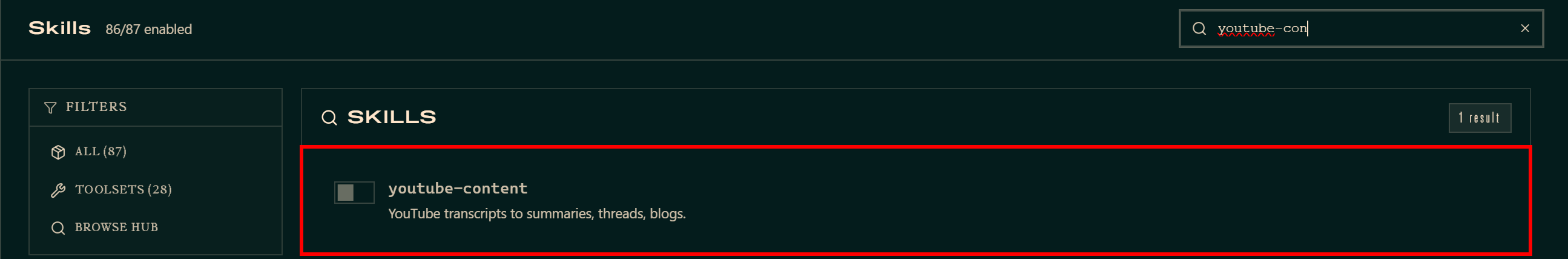 Disabling the “youtube-content” skill