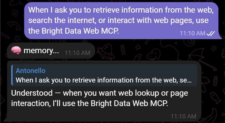 Telling the Hermes Agent to use the Bright Data Web MCP