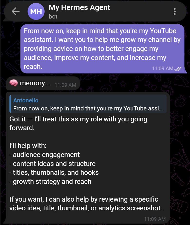 Instructing the Hermes Agent to become a YouTube assistant