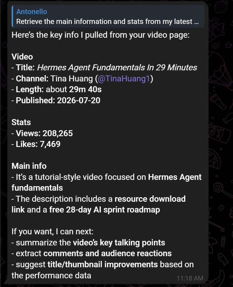 The reply containing all YouTube video information produced by Hermes Agent