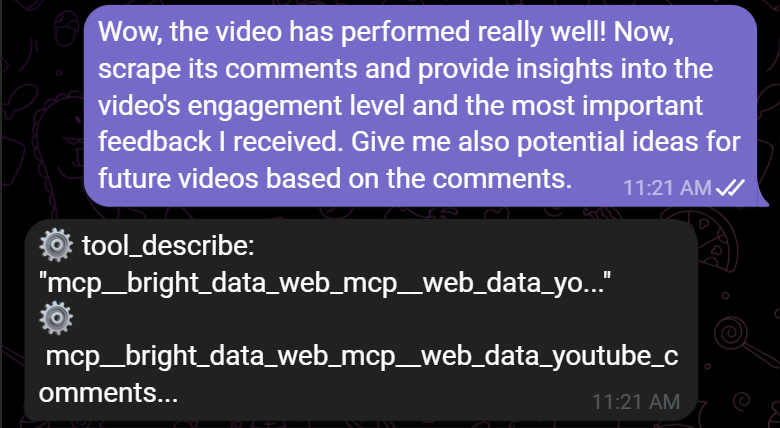 Note the use of the “web_data_youtube_comments” Web MCP tool
