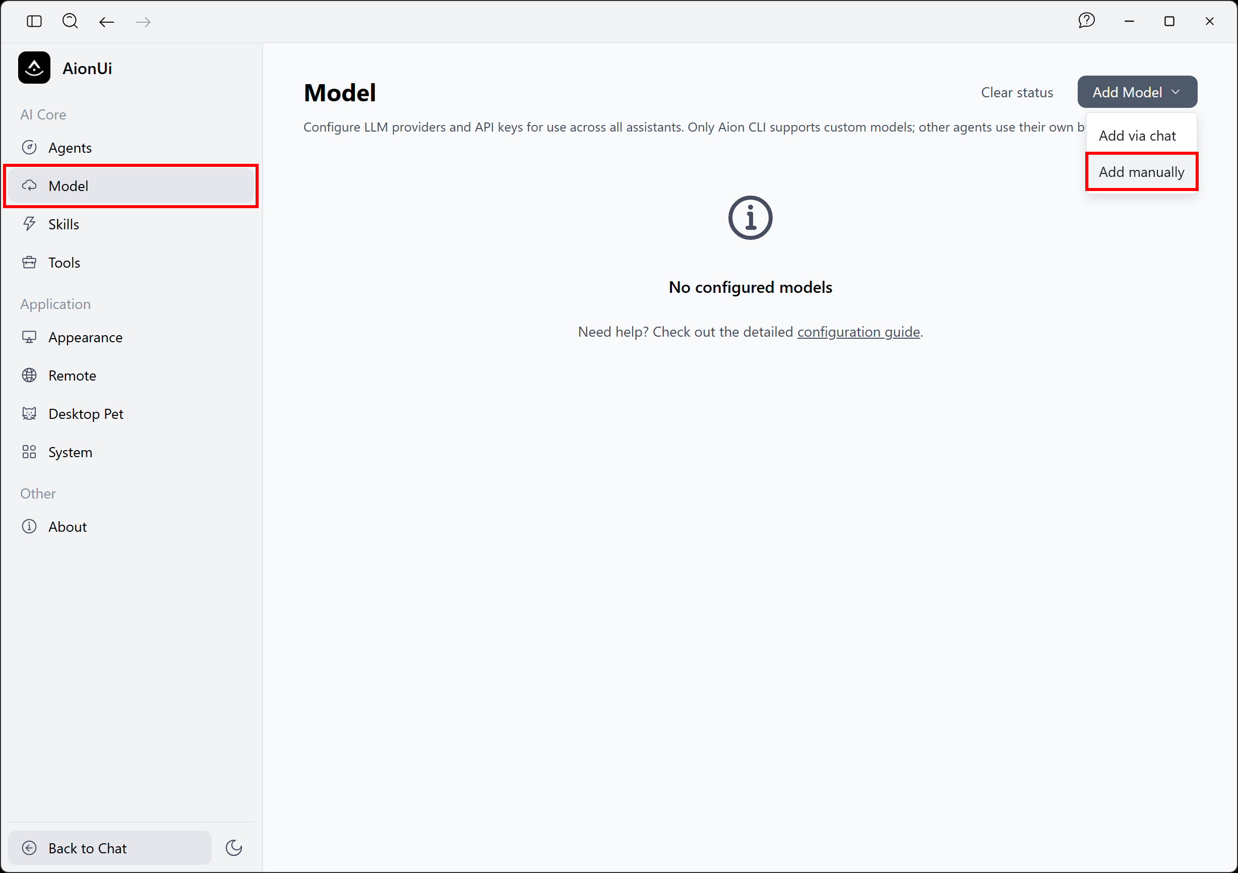 「Model」ページで「Add Model > Add manually」ボタンを押す”/></figure>
<p class=