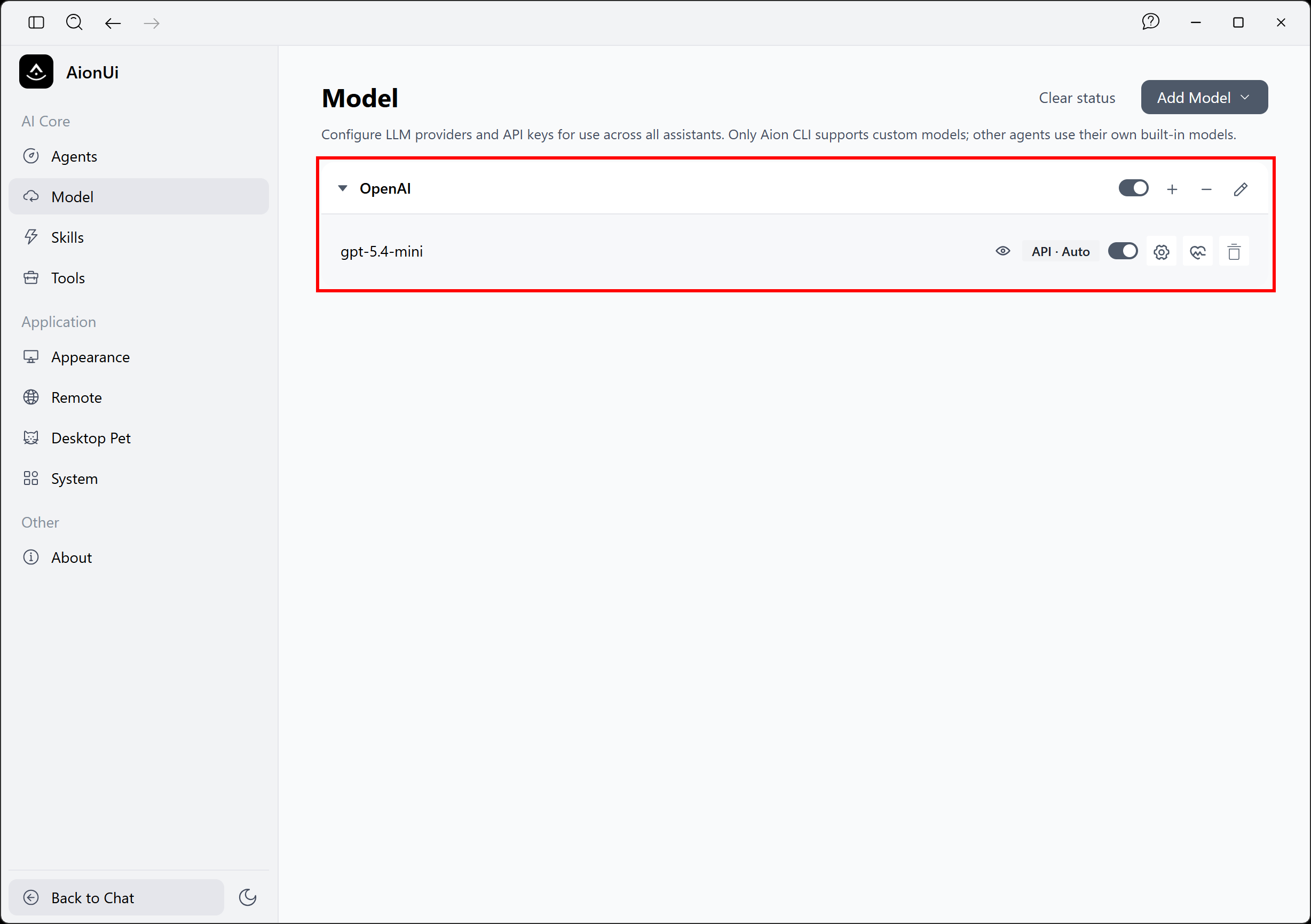 設定されたOpenAI「gpt-5.4-mini」モデルを確認