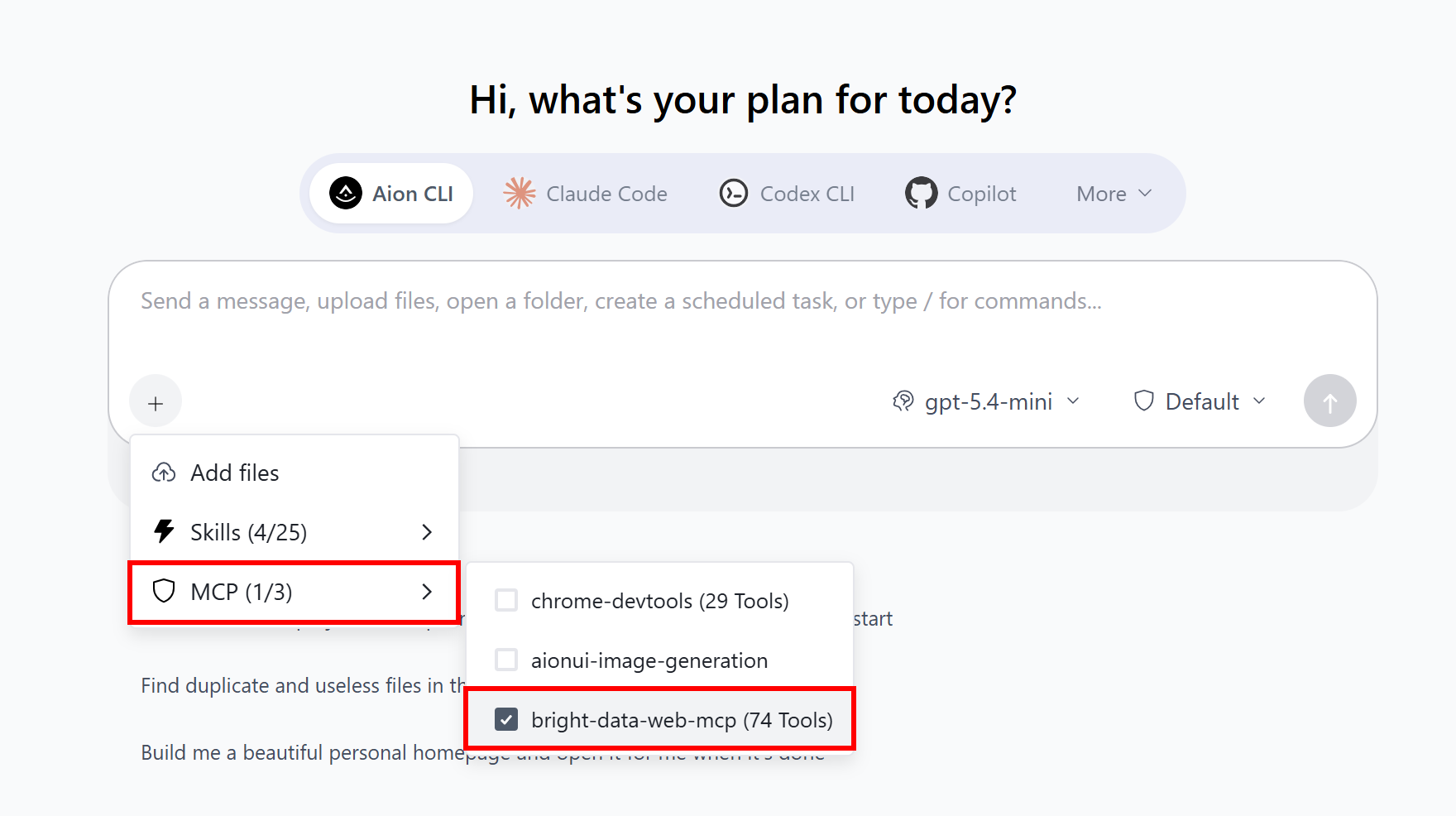 新しいチャットで「bright-data-web-mcp」サーバーを有効にする