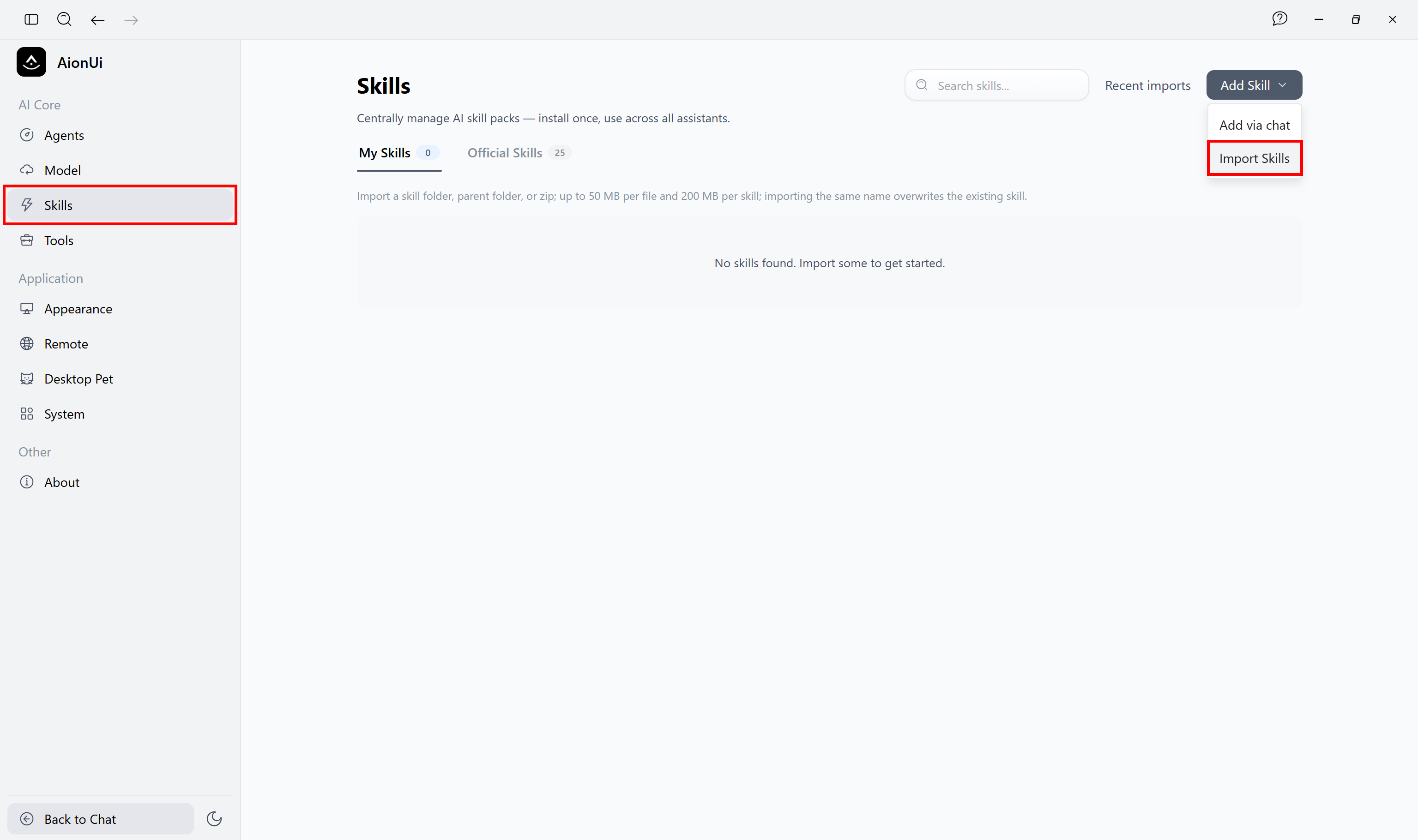 「Skills」ページで「Skills > Import Skills」ボタンを押す”/></figure>
<p class=