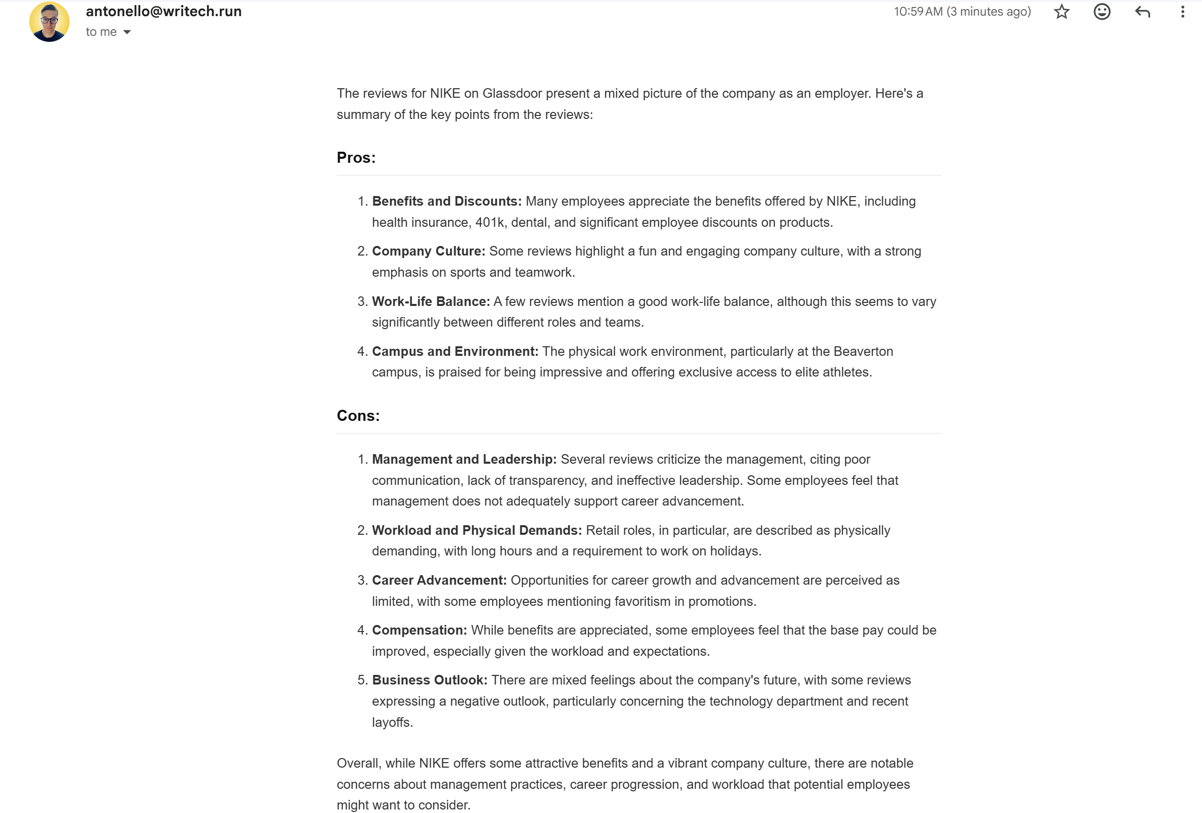 The email produced by the Workato recipe run