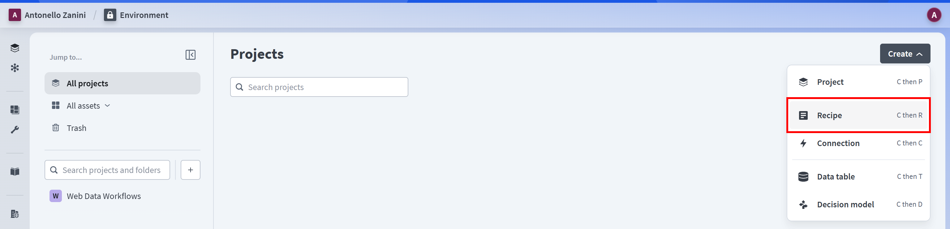 Selecting the "Create > Recipe
