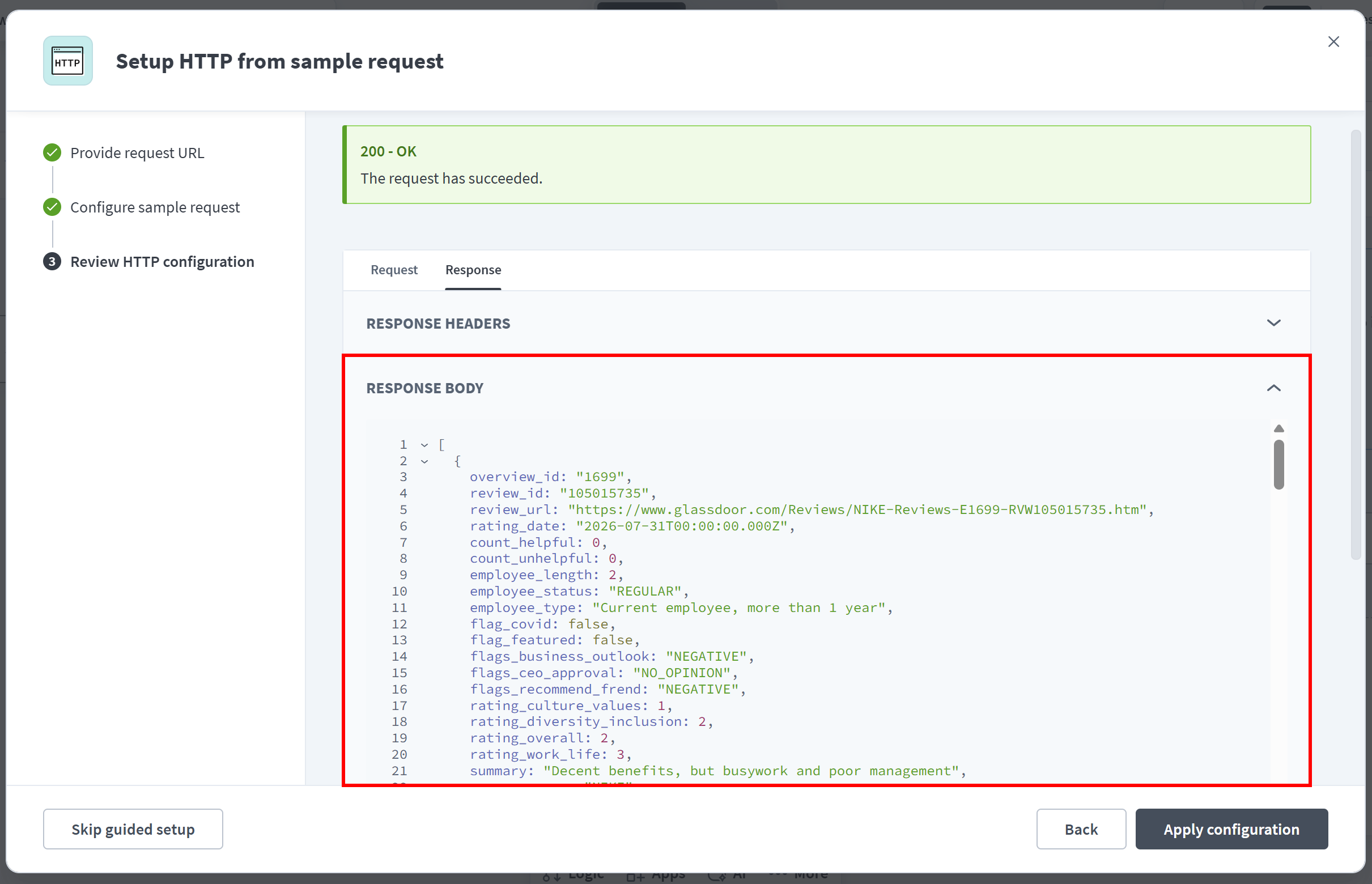 Note the structured response from the Bright Data Glassdoor Reviews Scraping API