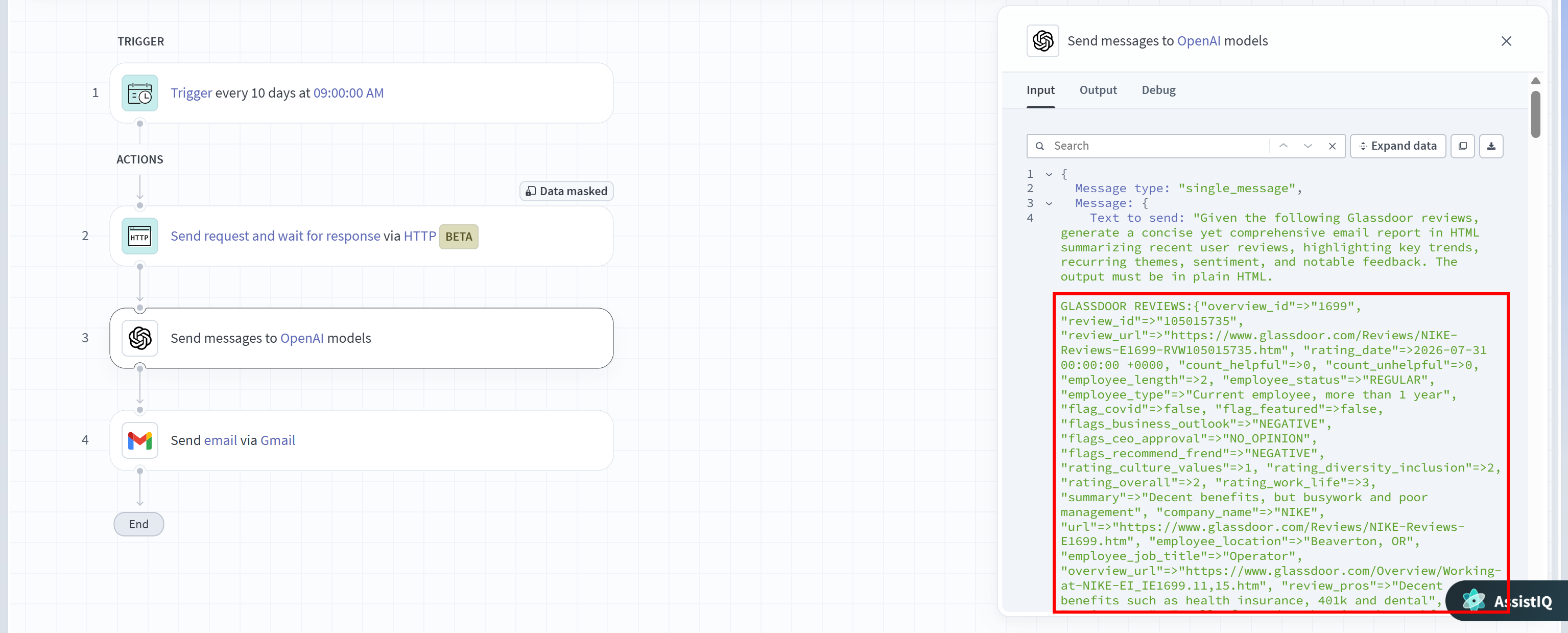 Note the Glassdoor Reviews data embedded in the prompt