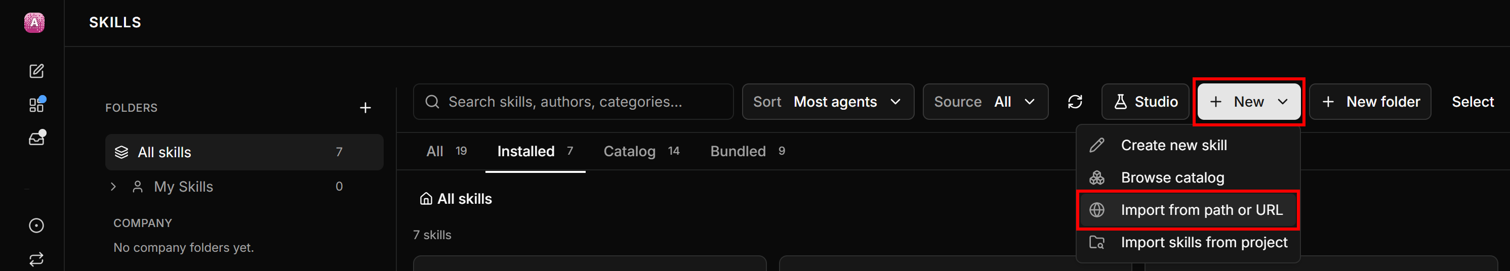Selecting the “News > Import from path or URL” option