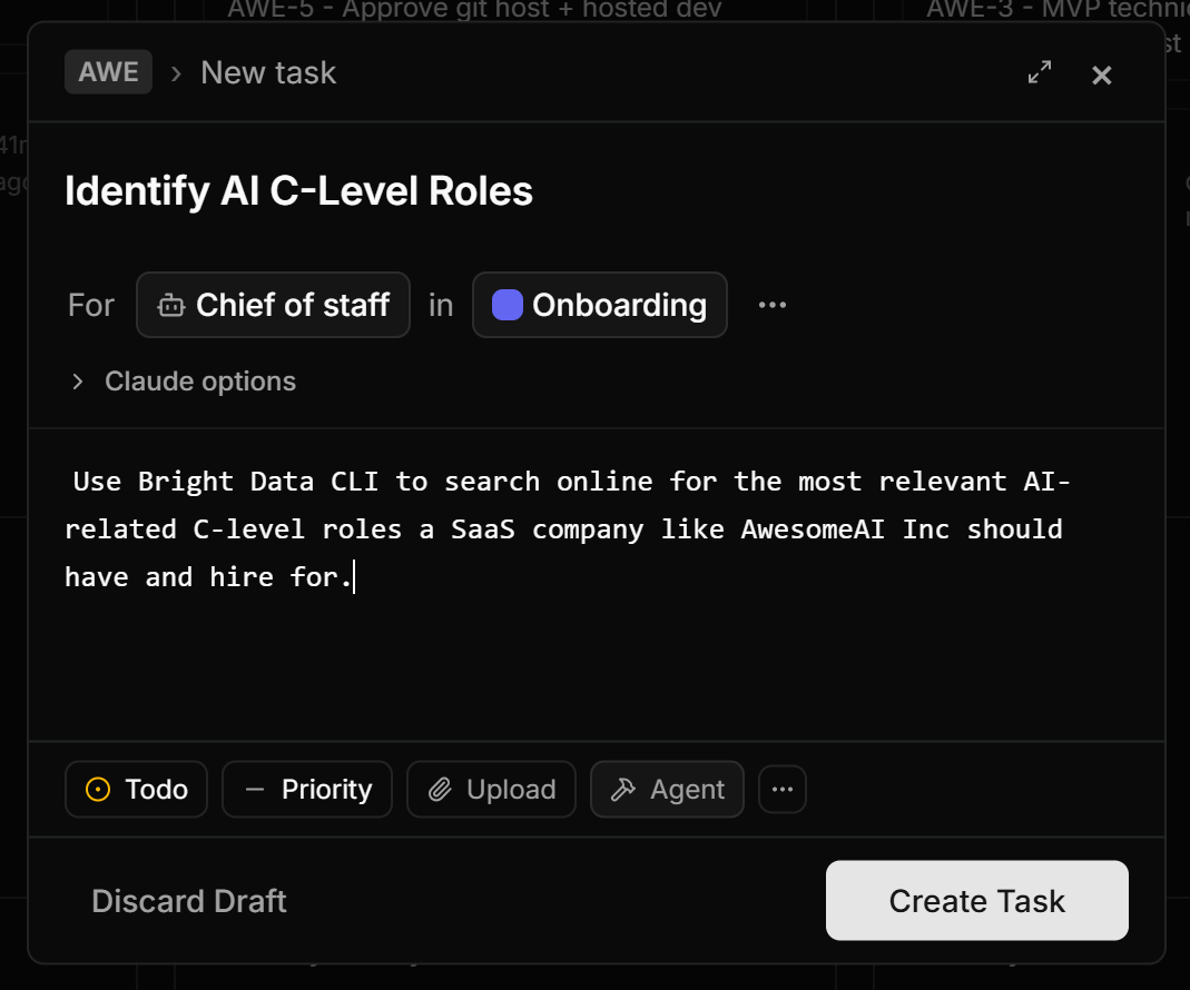 Assigning a new task to the “Chief of staff” agent