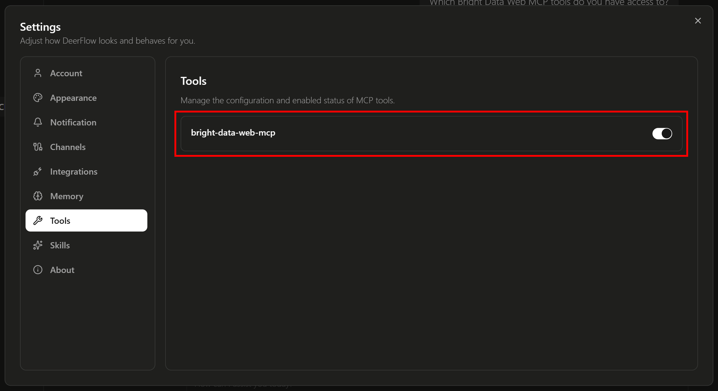 Note the “bright-data-web-mcp” MCP server