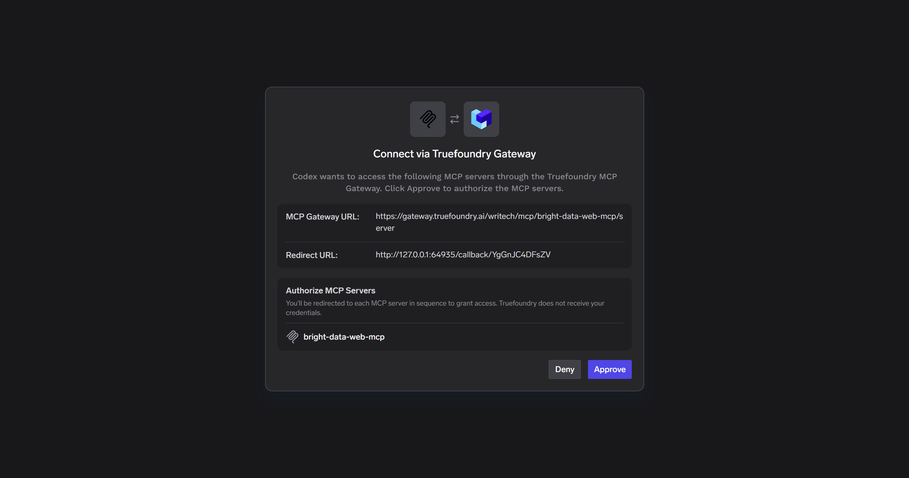 The TrueFoundry OAuth authorization page for your MCP Gateway
