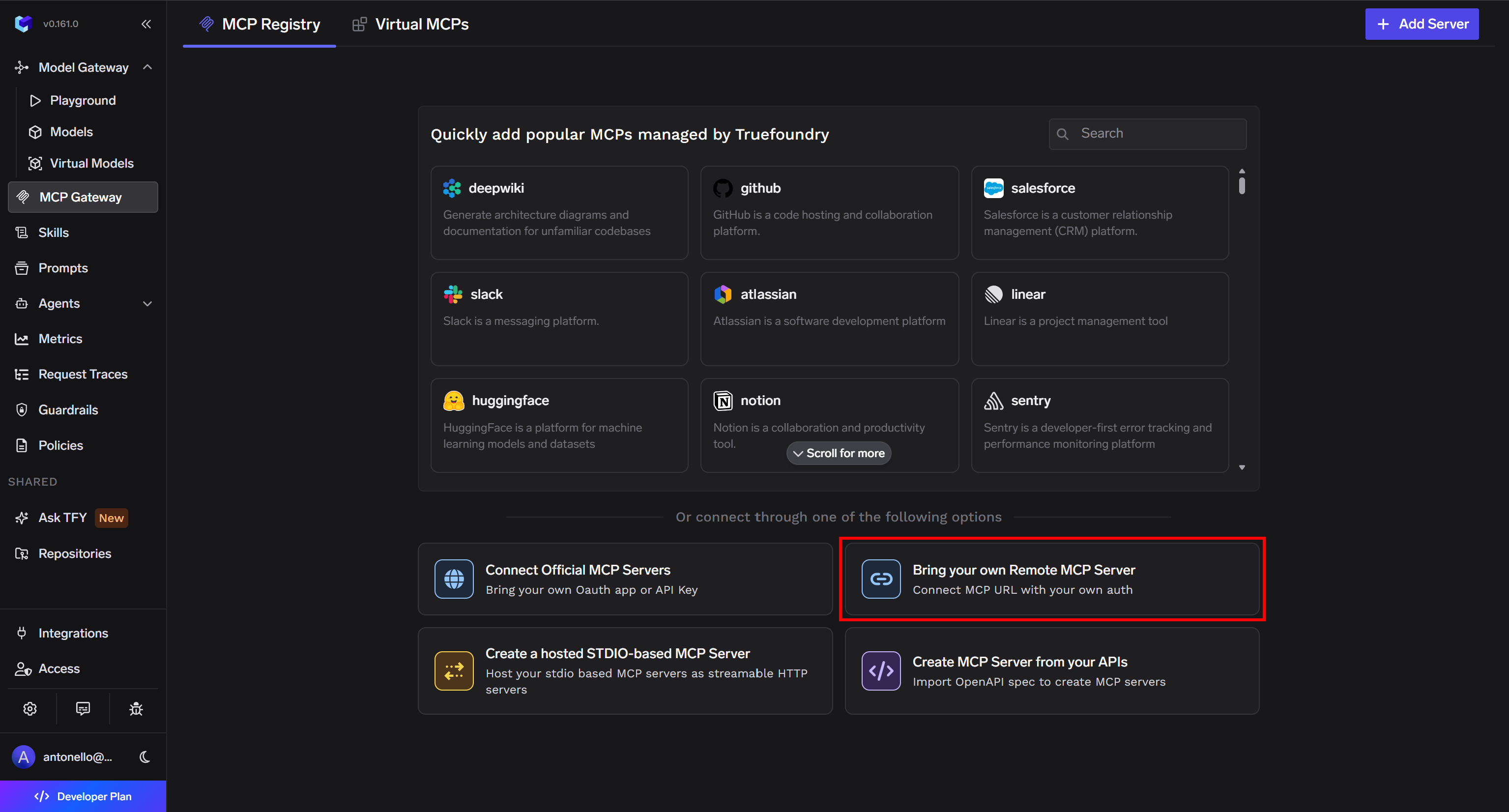 Pressing the “Bring your own Remote MCP Server” option in the “MCP Registry” page