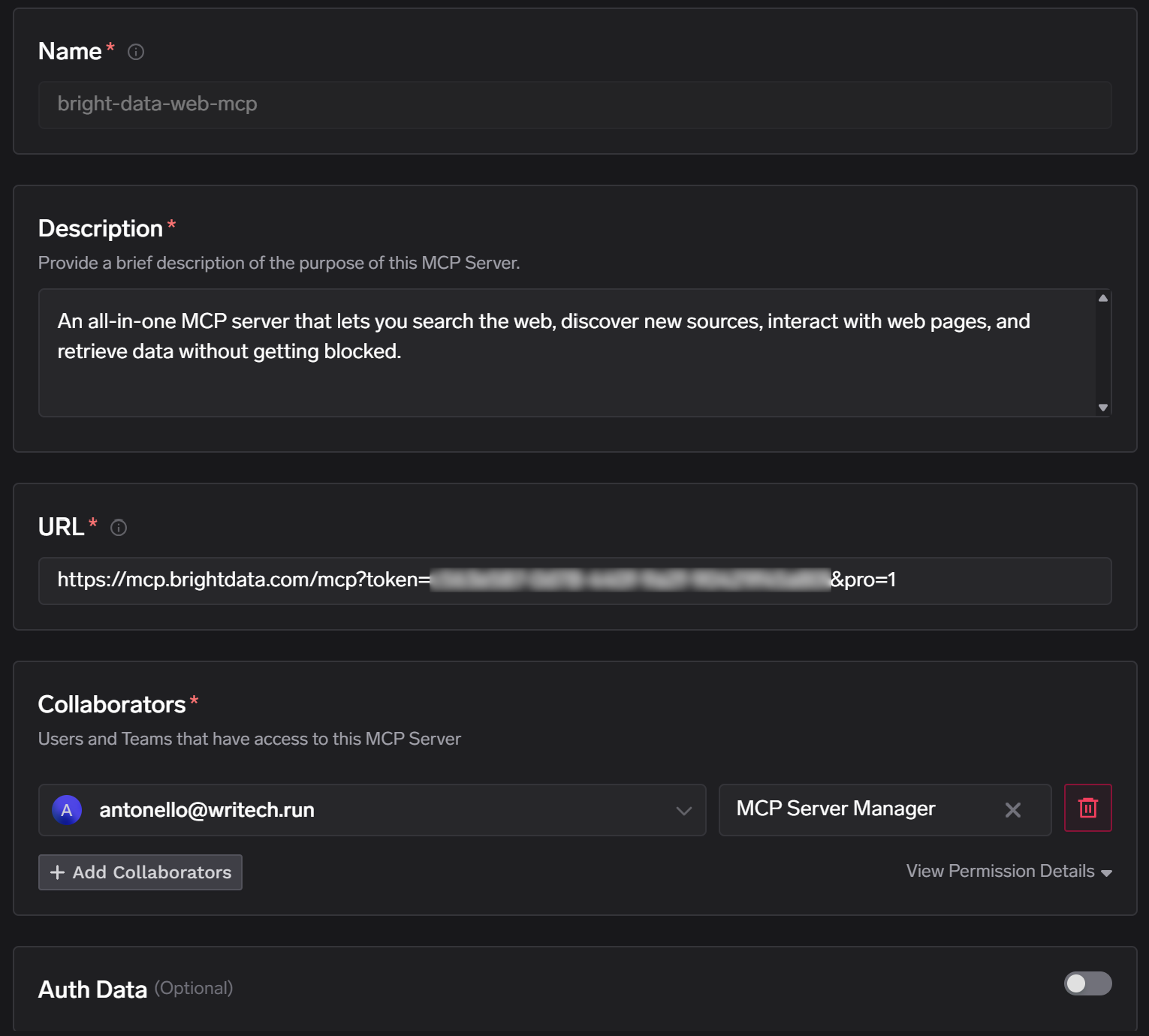 Filling out the “Add New MCP Server” form for Bright Data Web MCP connection