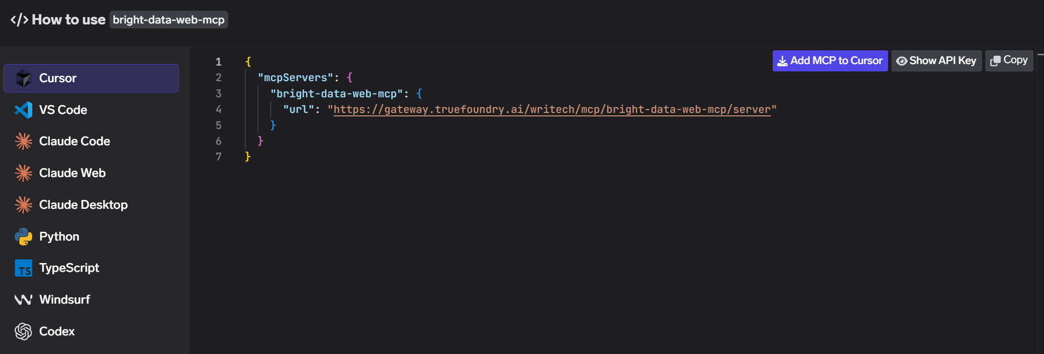 The configurations exposed by the “How to use bright-data-web-mcp” section