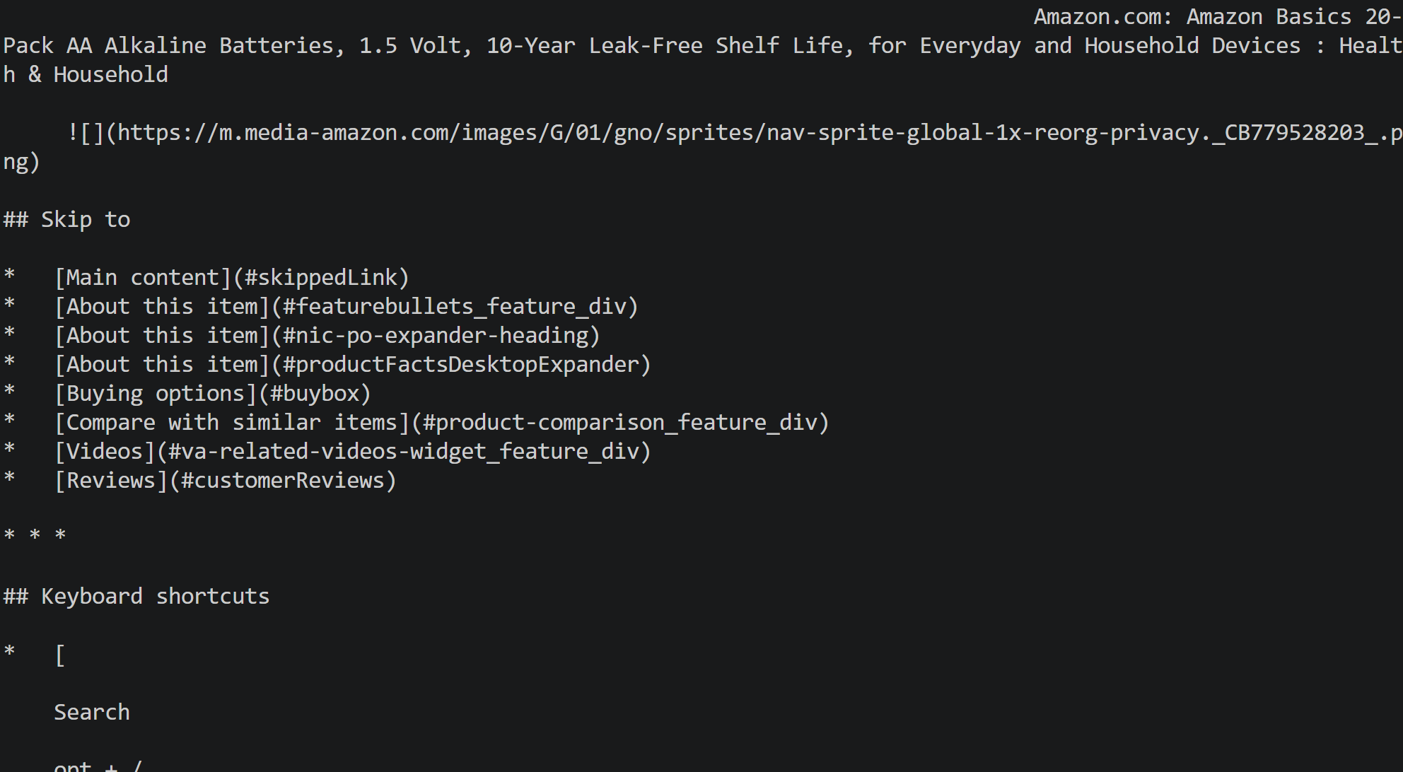 The Markdown representation of the Amazon product page