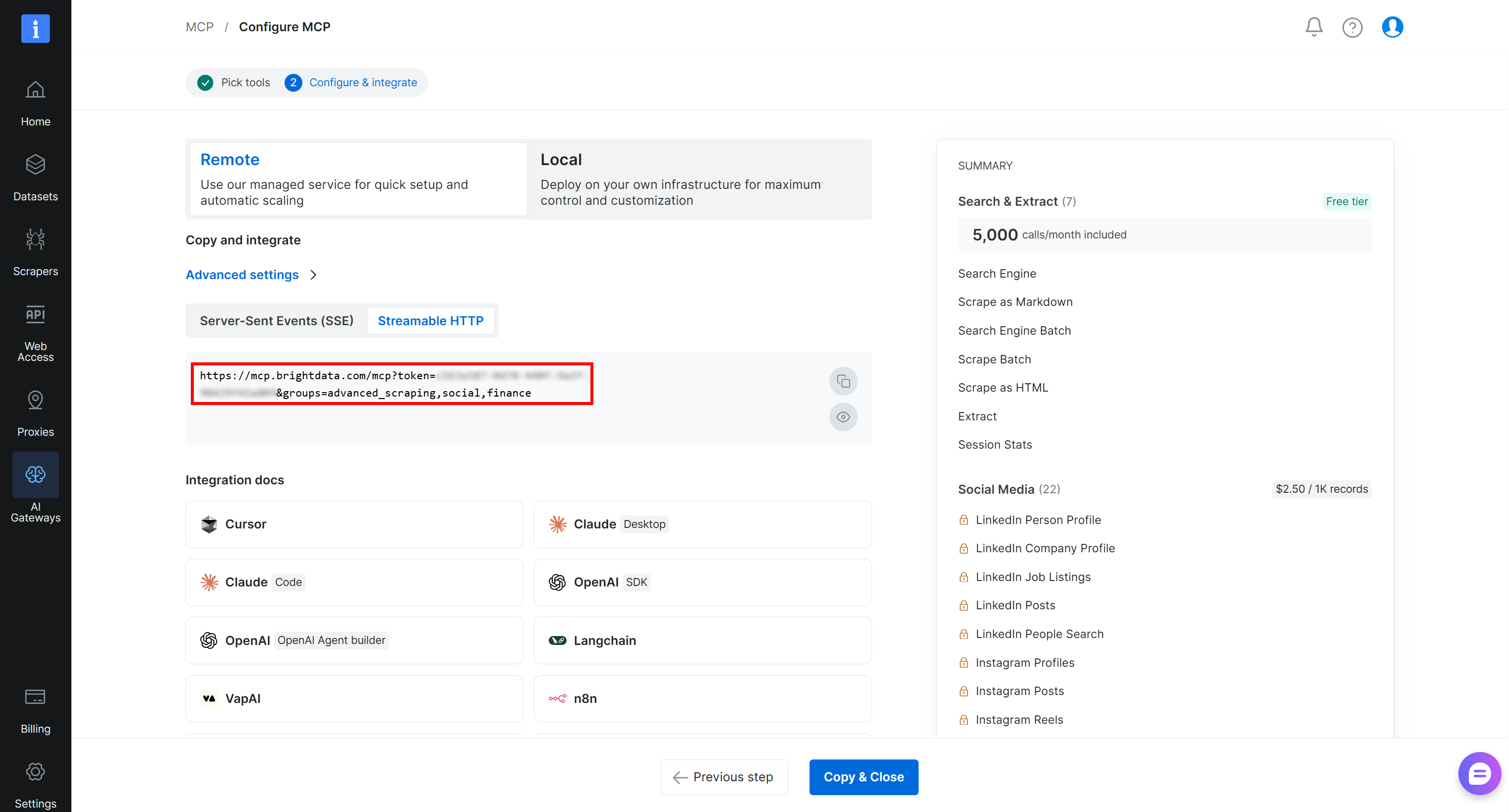 Note the configured Web MCP connection URL