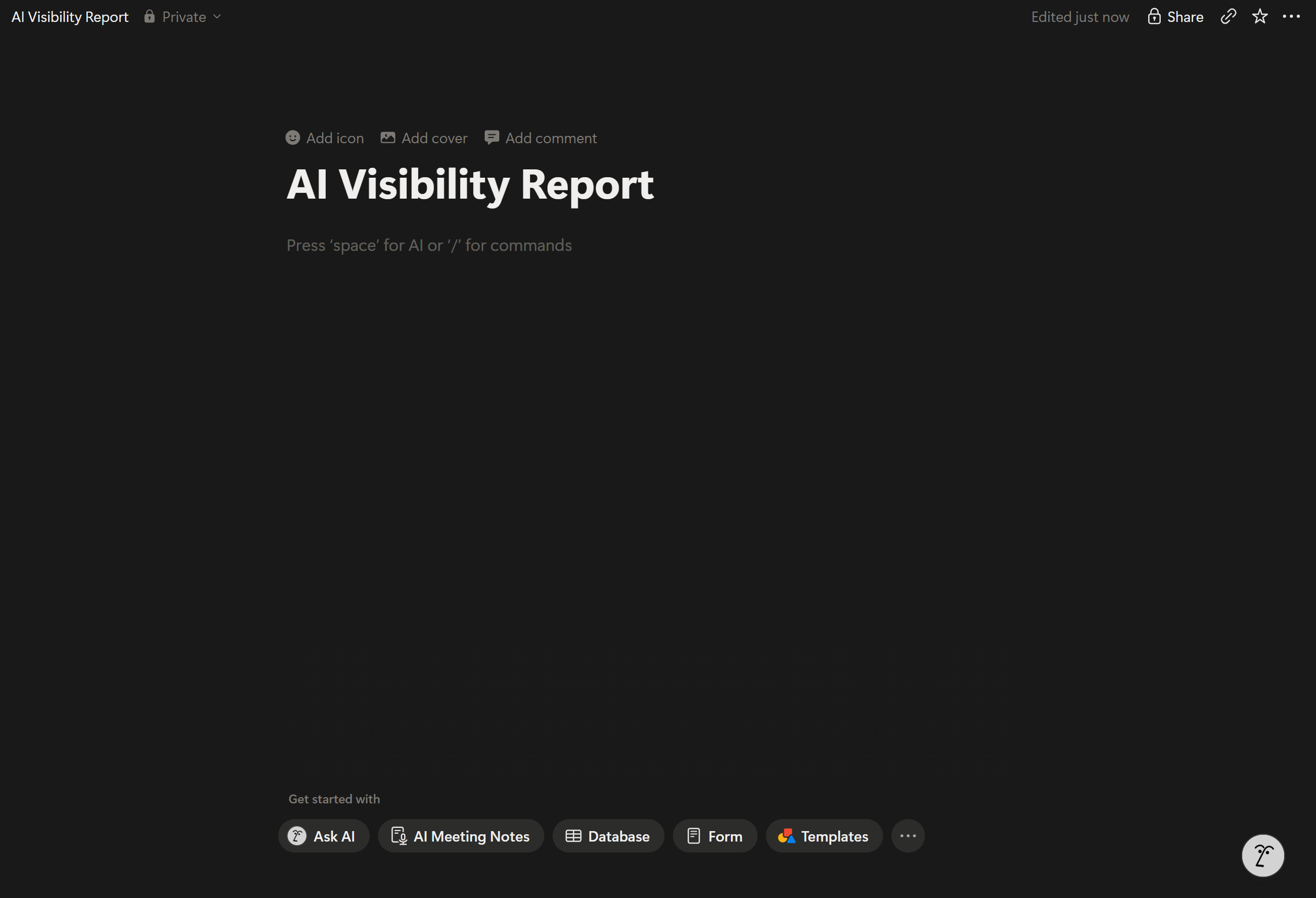 The “AI Visibility Report” page in Notion