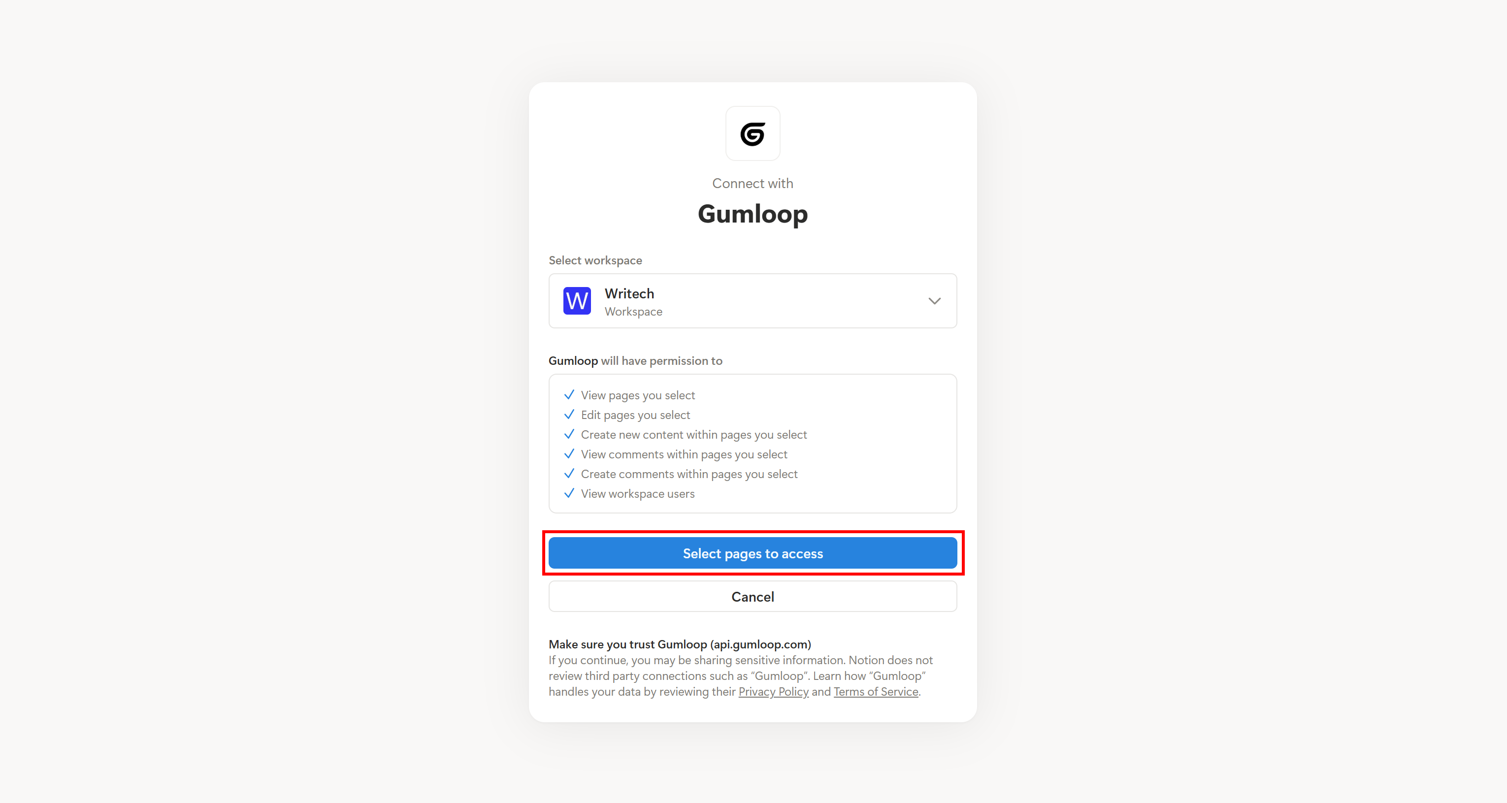 Clicking the “Select pages to access” button
