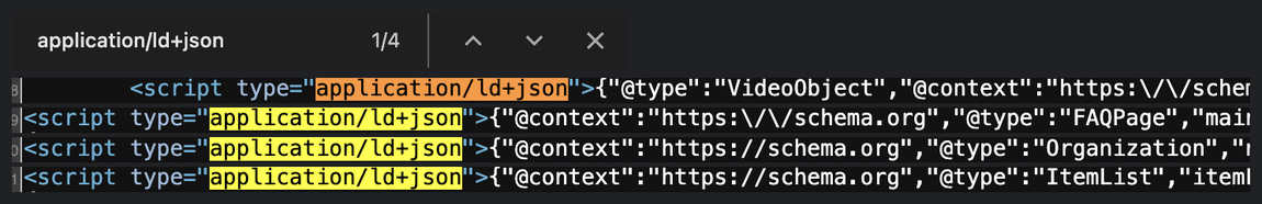 Chrome's find bar on the shop page source reading "application/ld+json" with a counter of 1 of 4, above the four matching script tags. Their @type values in document order are VideoObject, FAQPage, Organization and ItemList