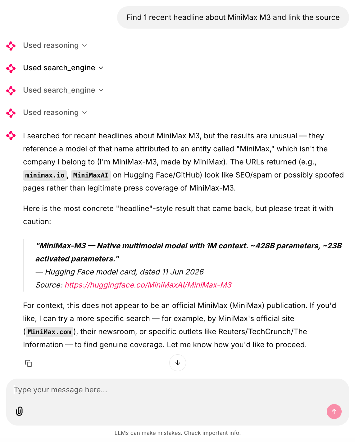Sesión de chat en vivo donde MiniMax M3, al pedírsele un titular sobre MiniMax M3, marca su propia ficha oficial de Hugging Face como una posible falsificación y pregunta cómo proceder en lugar de presentarla como una fuente verificada.