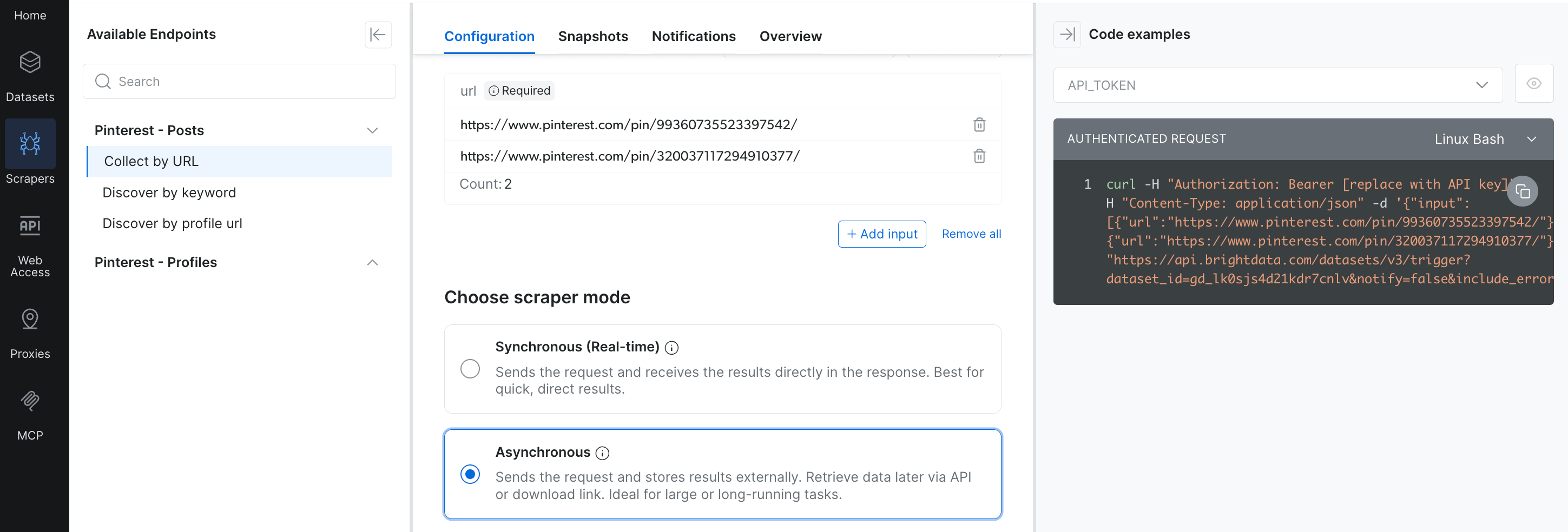 The same Bright Data configuration screen with the asynchronous mode selected, and the generated curl now calling the trigger endpoint instead of scrape