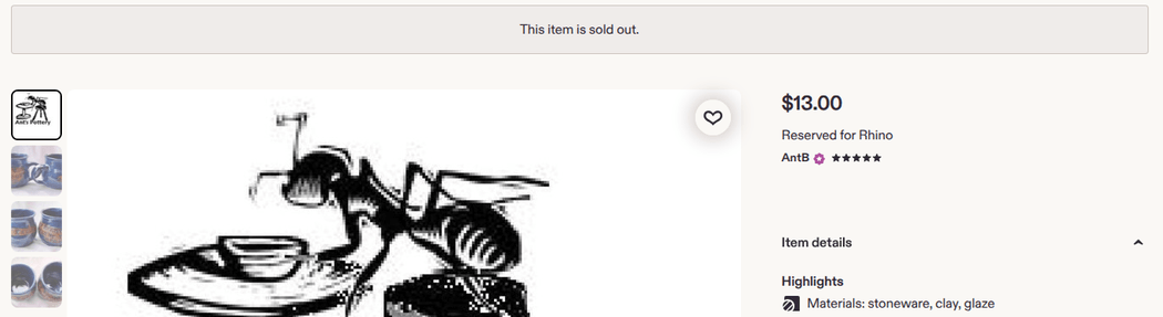 An Etsy listing page. A banner across the top reads "This item is sold out." Directly beside it the page still displays a price of $13.00, along with the product photographs, the seller name and the item details, exactly as a live listing would