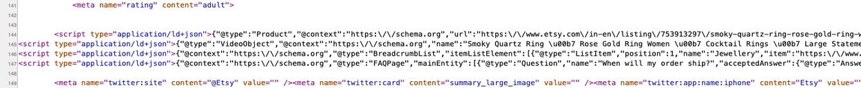 Four consecutive lines of the listing's page source, numbered 144 to 147, each one a script tag of type application/ld+json. Their @type values in order are Product, VideoObject, BreadcrumbList and FAQPage