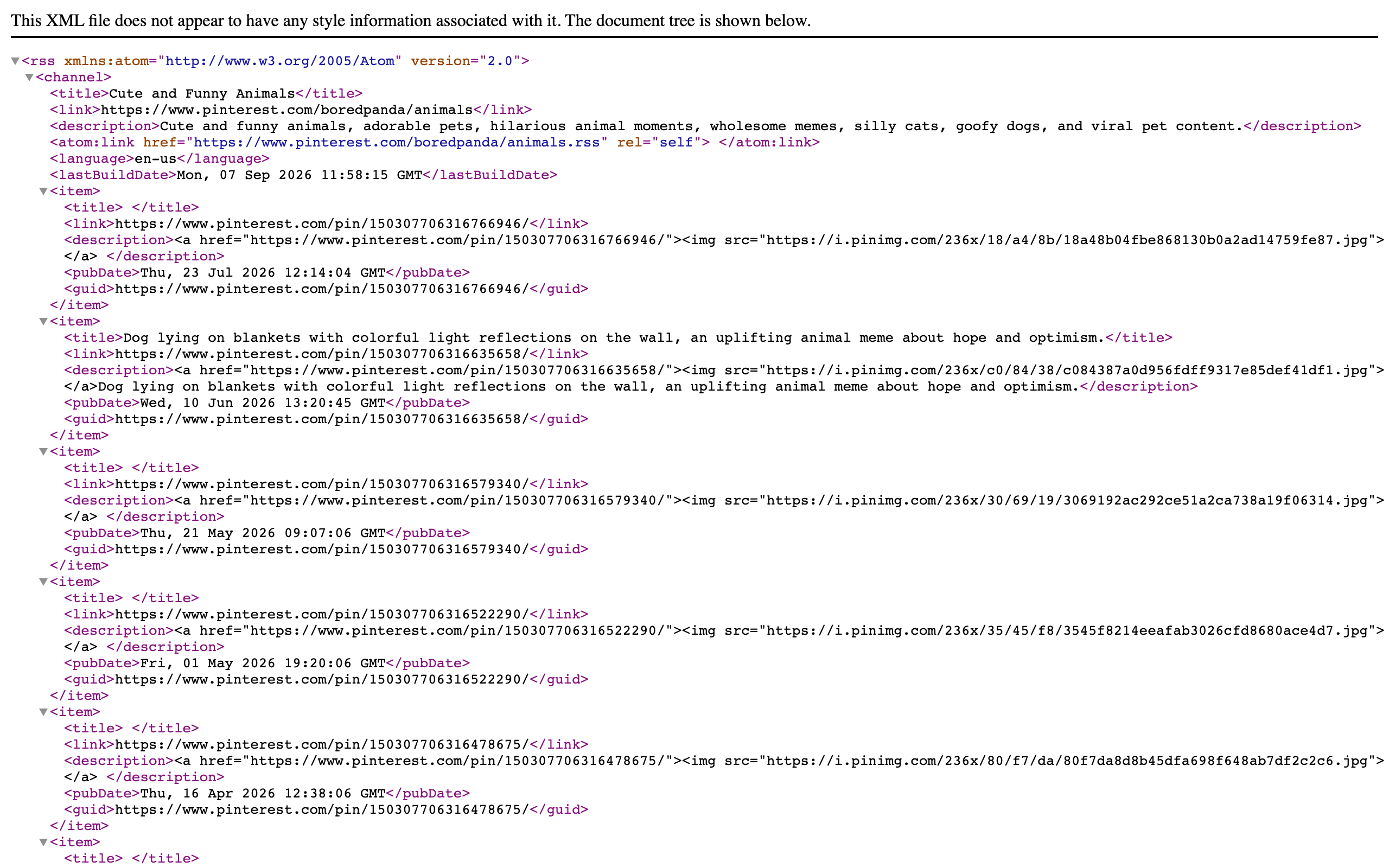 Pinterest board RSS feed for boredpanda animals in a browser: item elements with link, description containing an image URL, and pubDate, most titles empty