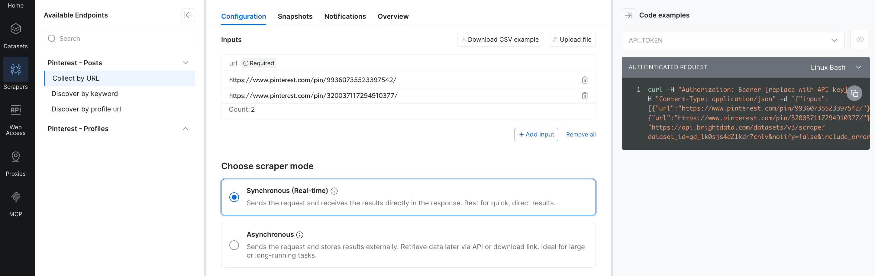 Bright Data scraper catalog for pinterest.com: a list of collection modes with collect by URL selected, and the matching generated curl on the right