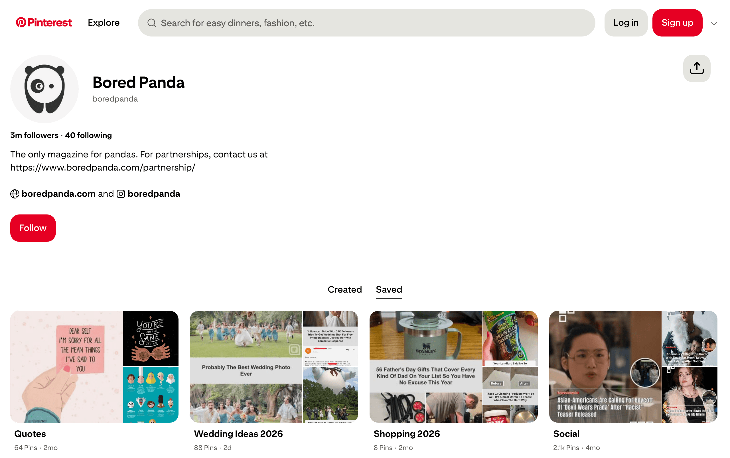 Logged-out Pinterest profile for Bored Panda with a row of named board cards and their pin counts, from 8 to 2.1k. No login modal covers the page.