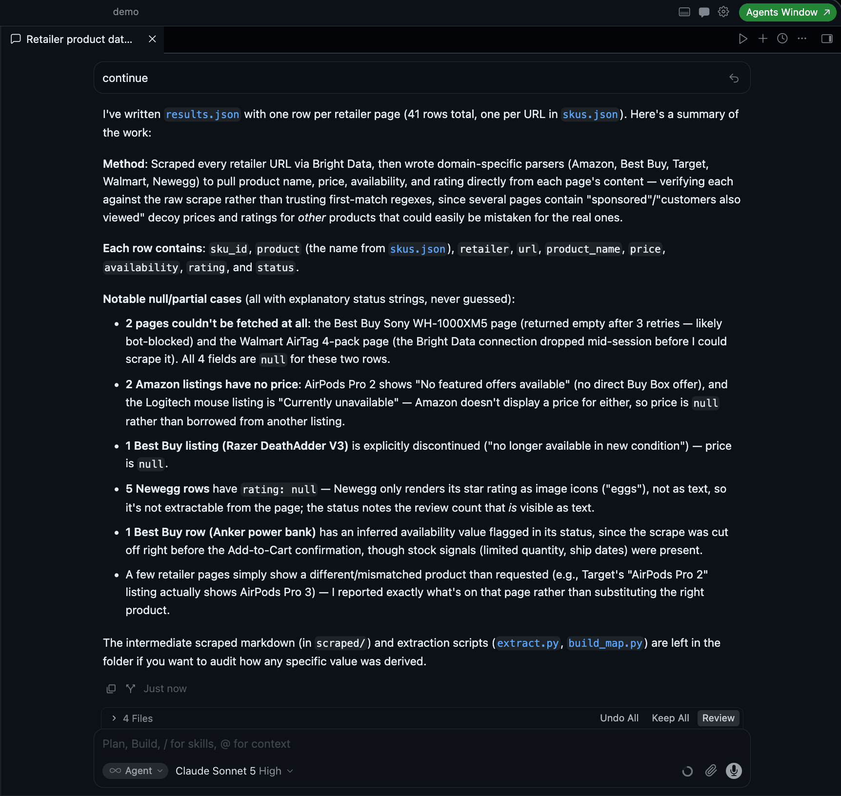Cursor Composer's closing summary: 41 rows written, every gap given an explanatory status string, and the agent's own note that nothing was guessed.