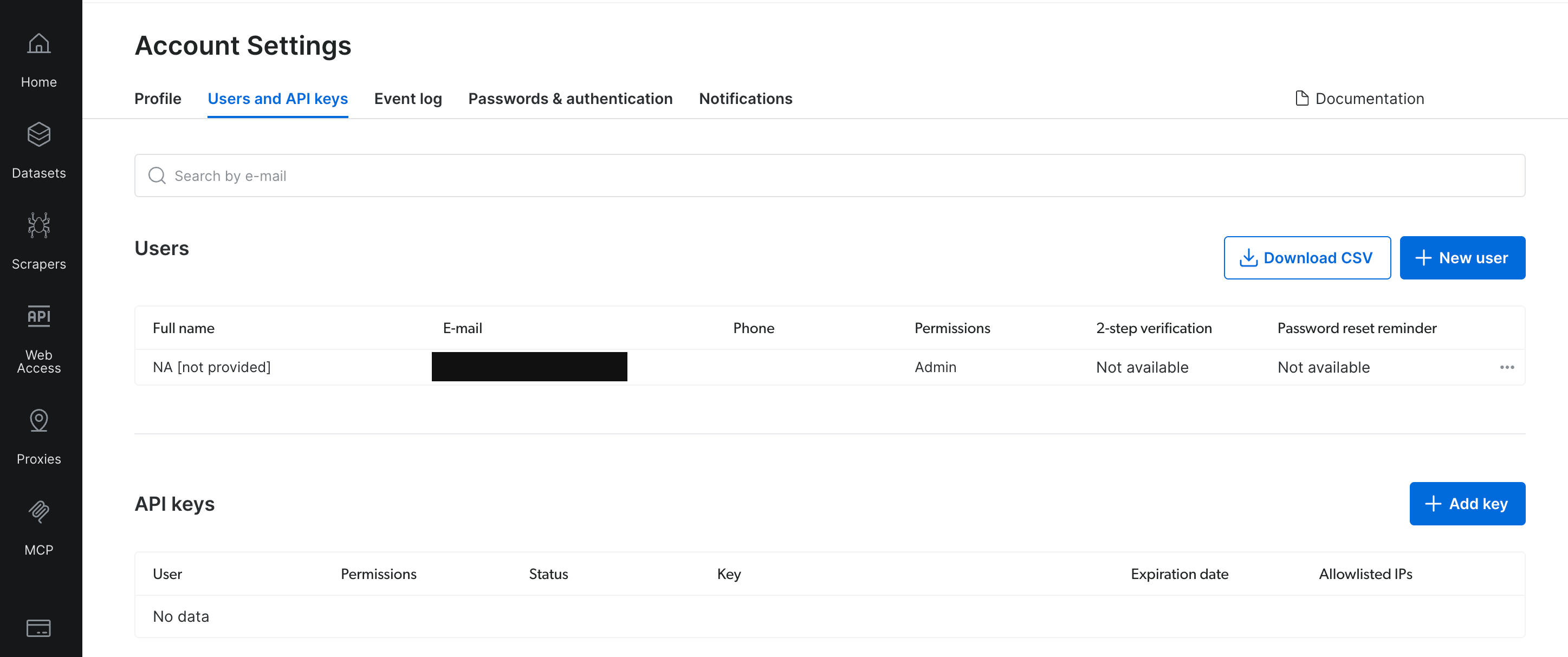 Bright Data account settings showing the API key section, with an empty API keys table and a button above it to add a new key