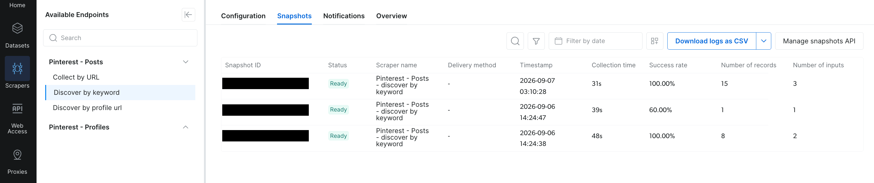 Bright Data run history for the Pinterest posts scraper, listing three finished runs with snapshot IDs, collection times, success rates and record counts