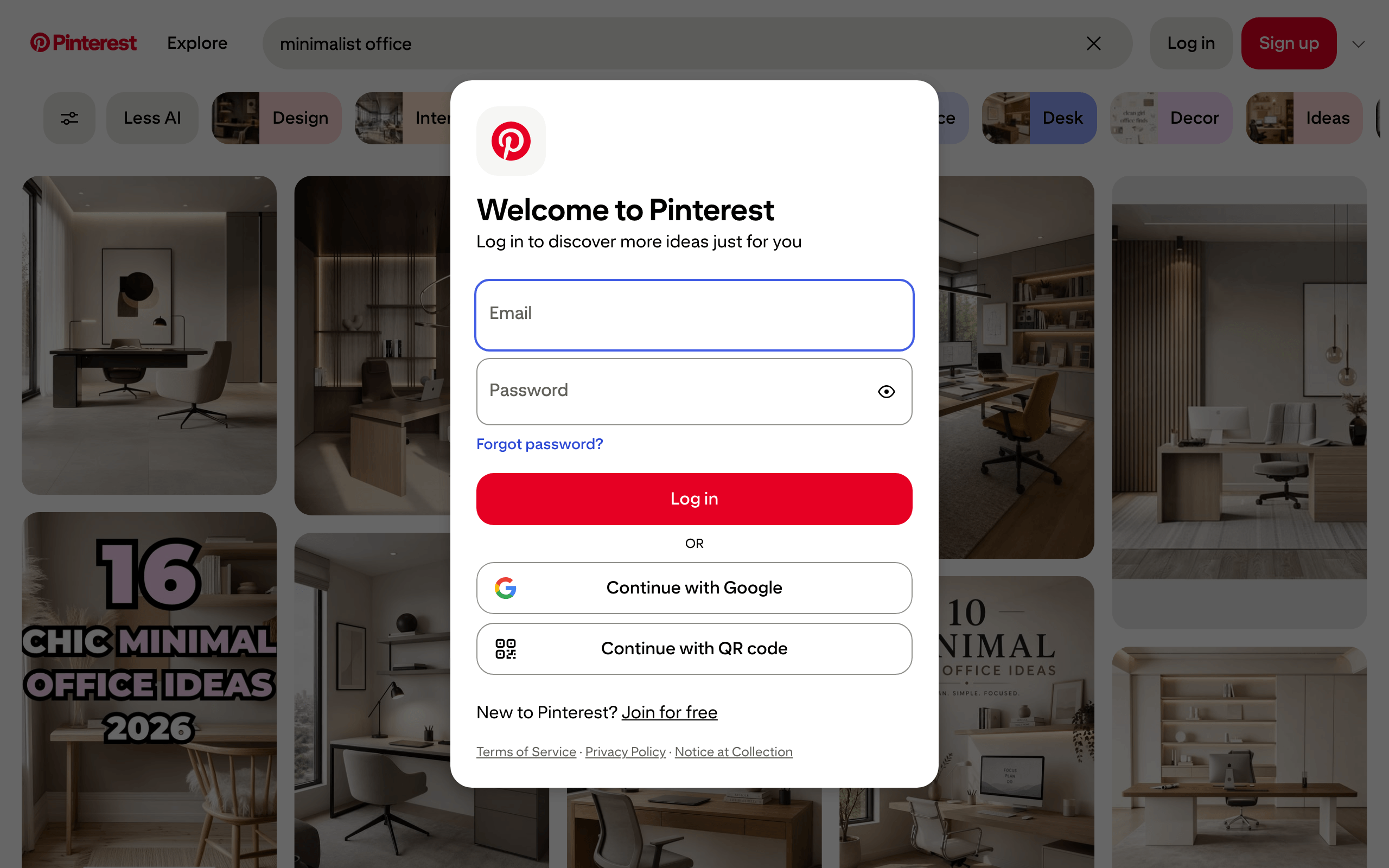 Pinterest search for minimalist office, logged out, with a Welcome to Pinterest login modal covering the pin grid and no titles on the surrounding tiles