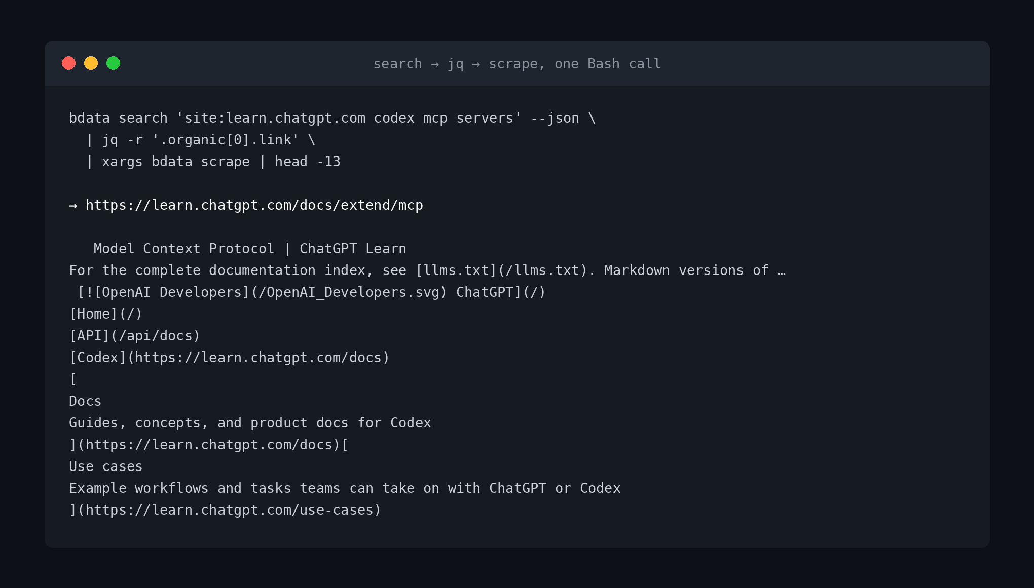 Bright Data CLI chaining search, jq and scrape in one command to fetch the Codex MCP documentation