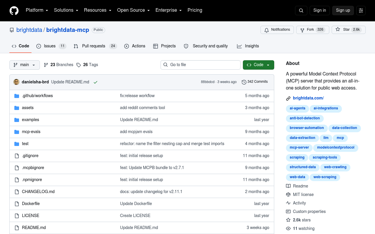 Bright Data MCP repository README listing the server's 69 tools and free tier