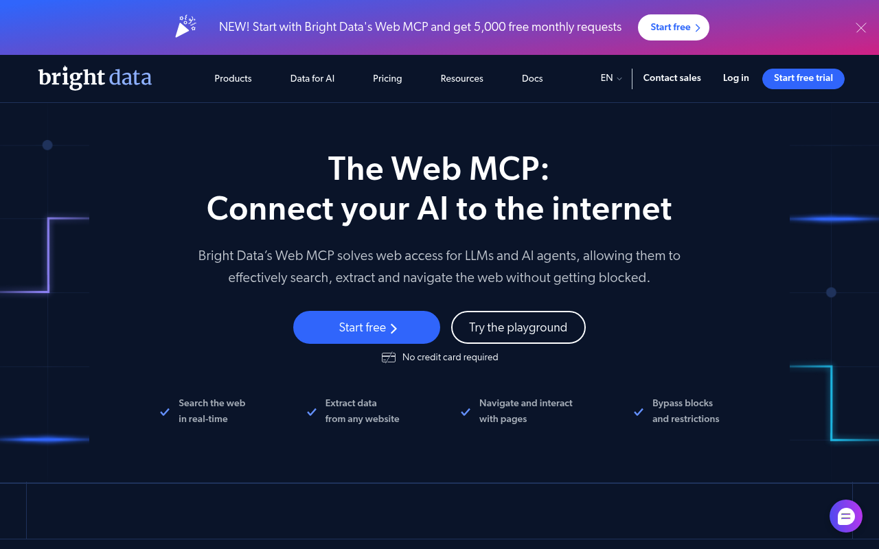 Bright Data MCP landing page describing search, extraction and navigation for AI agents