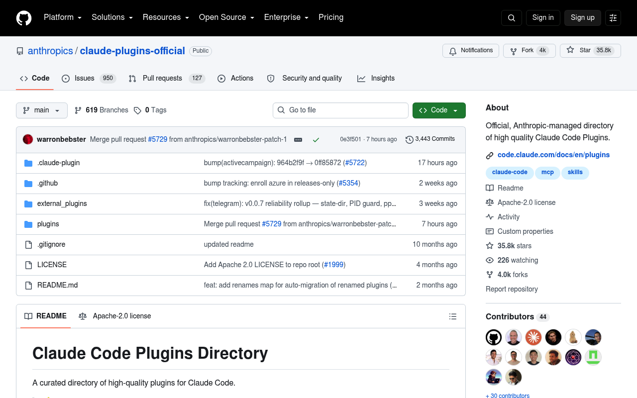Anthropic claude-plugins-official marketplace repository of Claude Code plugins