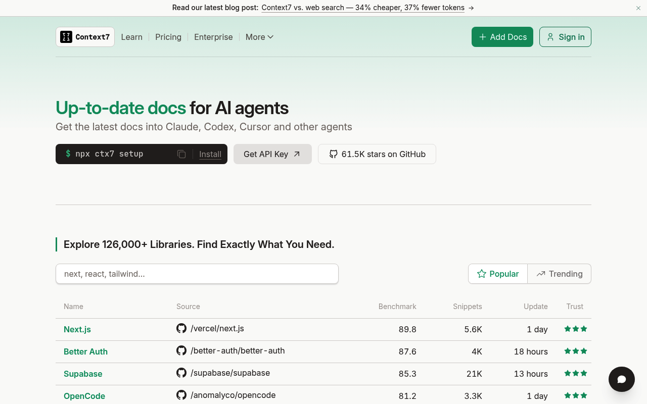 Context7 site showing version-specific documentation lookup for coding agents