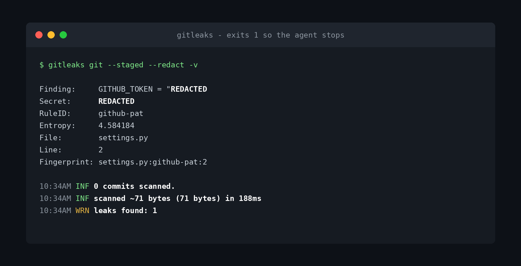gitleaks git --staged reporting a redacted secret and exiting with a non-zero status