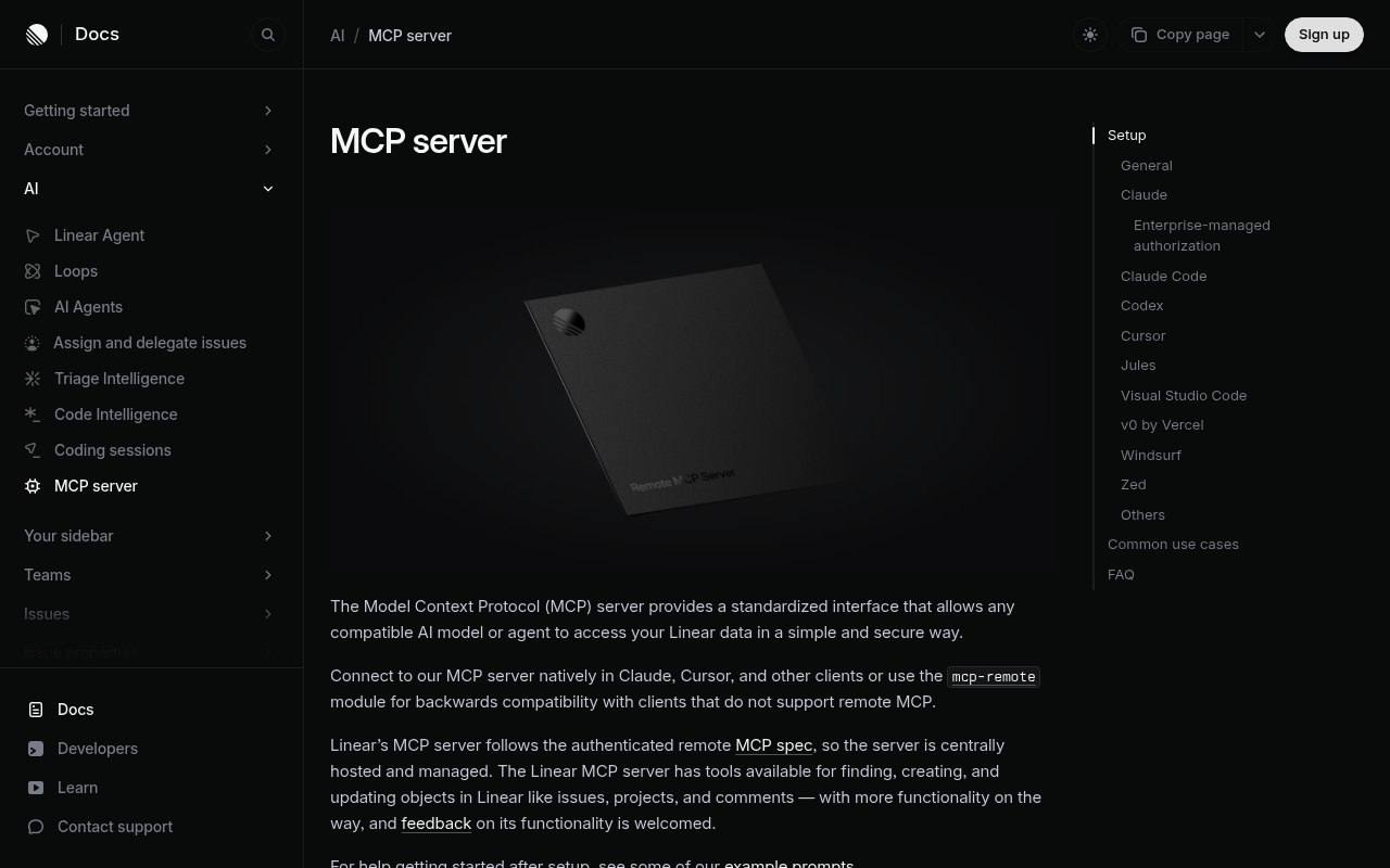 Linear MCP documentation showing the Claude Code command and the read-only endpoint