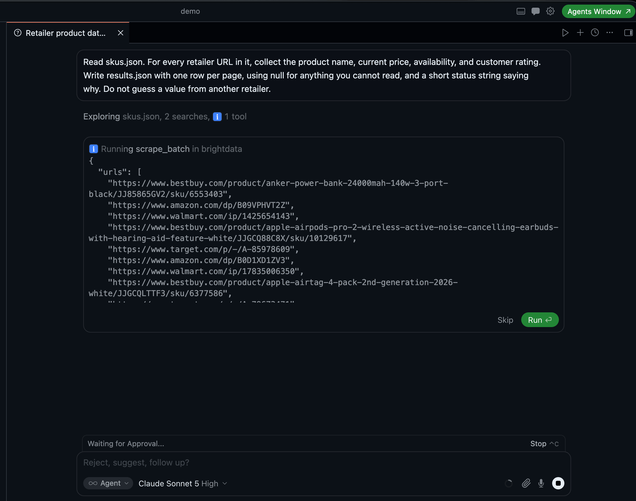 Cursor Composer calling Bright Data's scrape_batch on the frozen retailer URL list, held at an approval gate before the request leaves the machine.