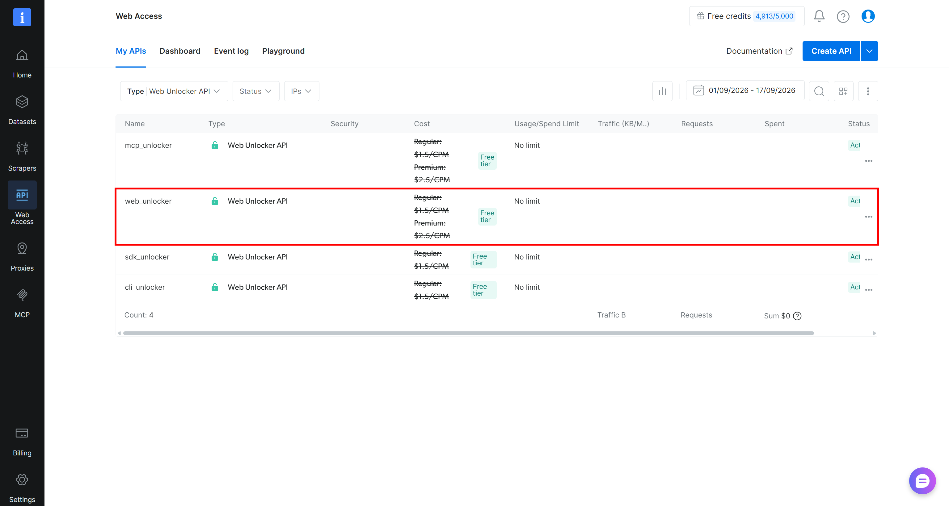 Note the “web_unlocker” API of type Web Unlocker API