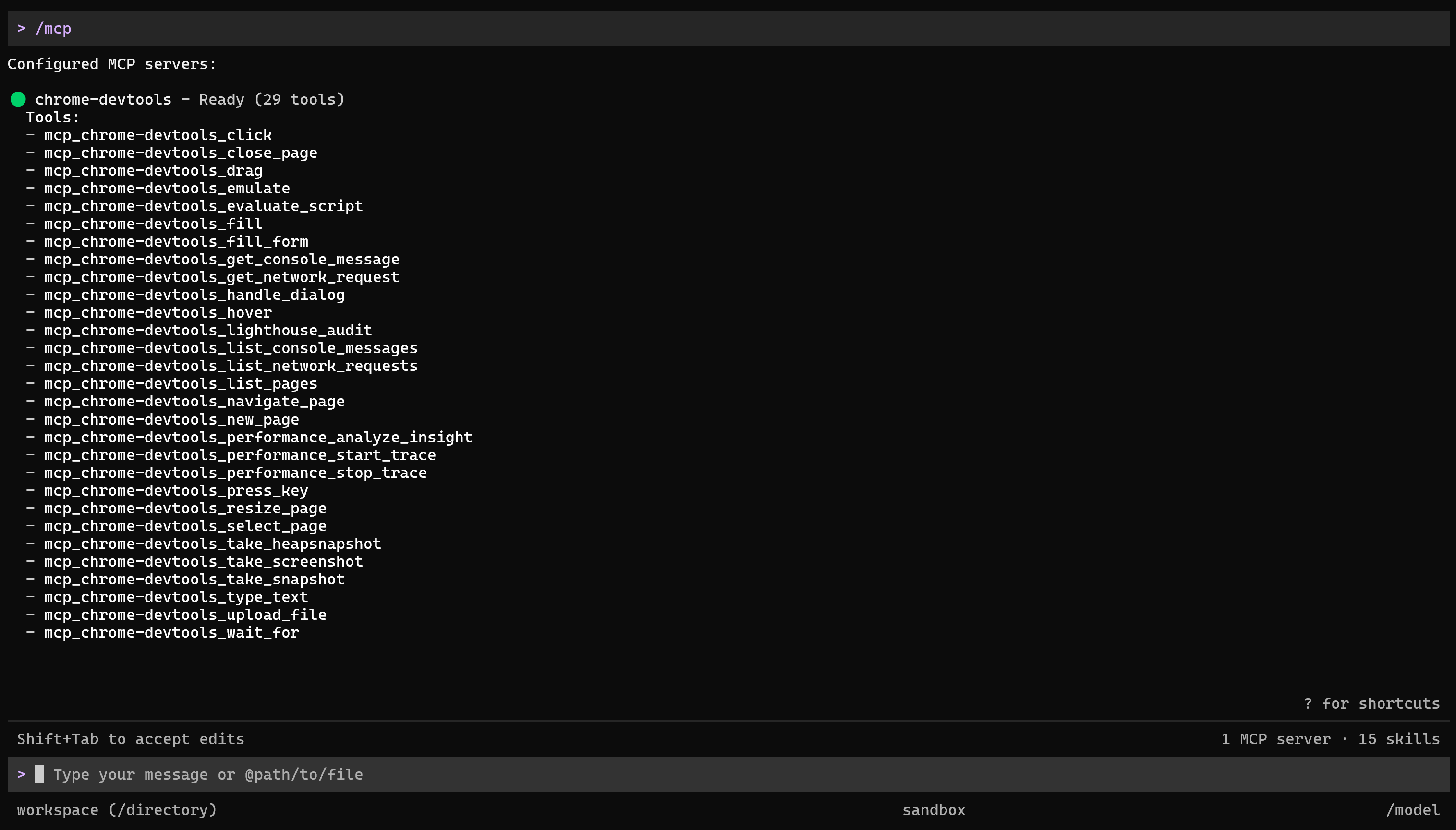 Note the 29 chrome-devtools MCP tools
