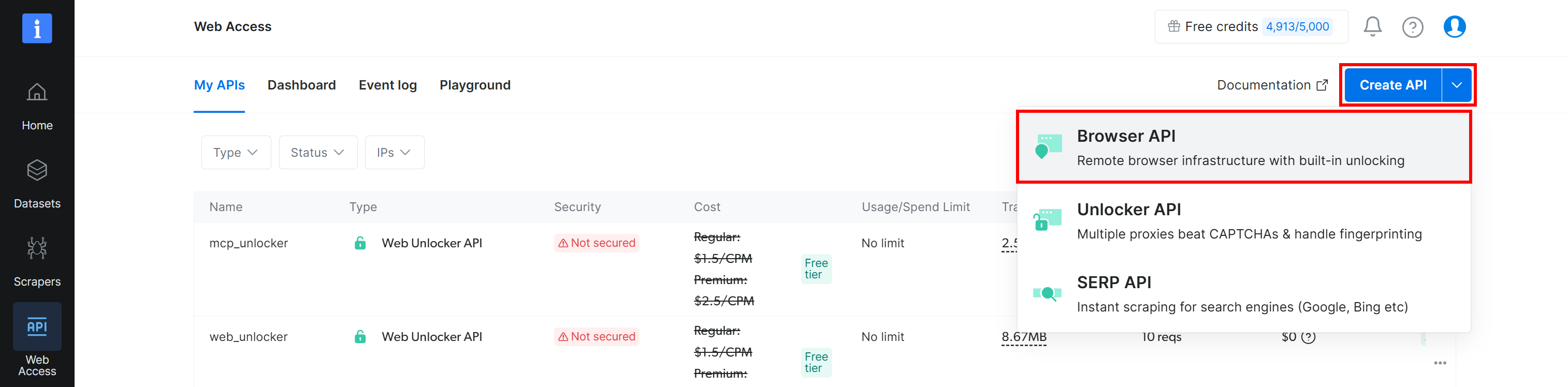 Clicking the “Create API > Browser API” option