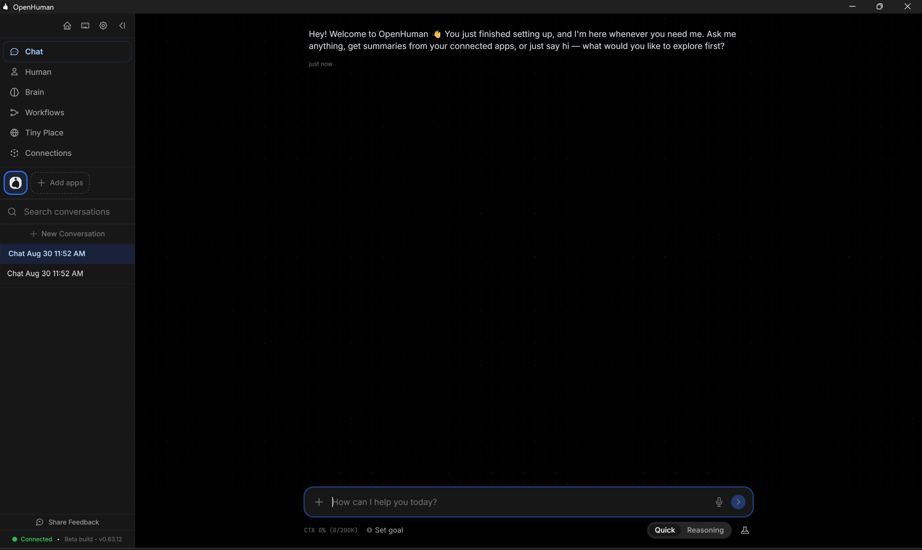 The OpenHuman “Chat” view