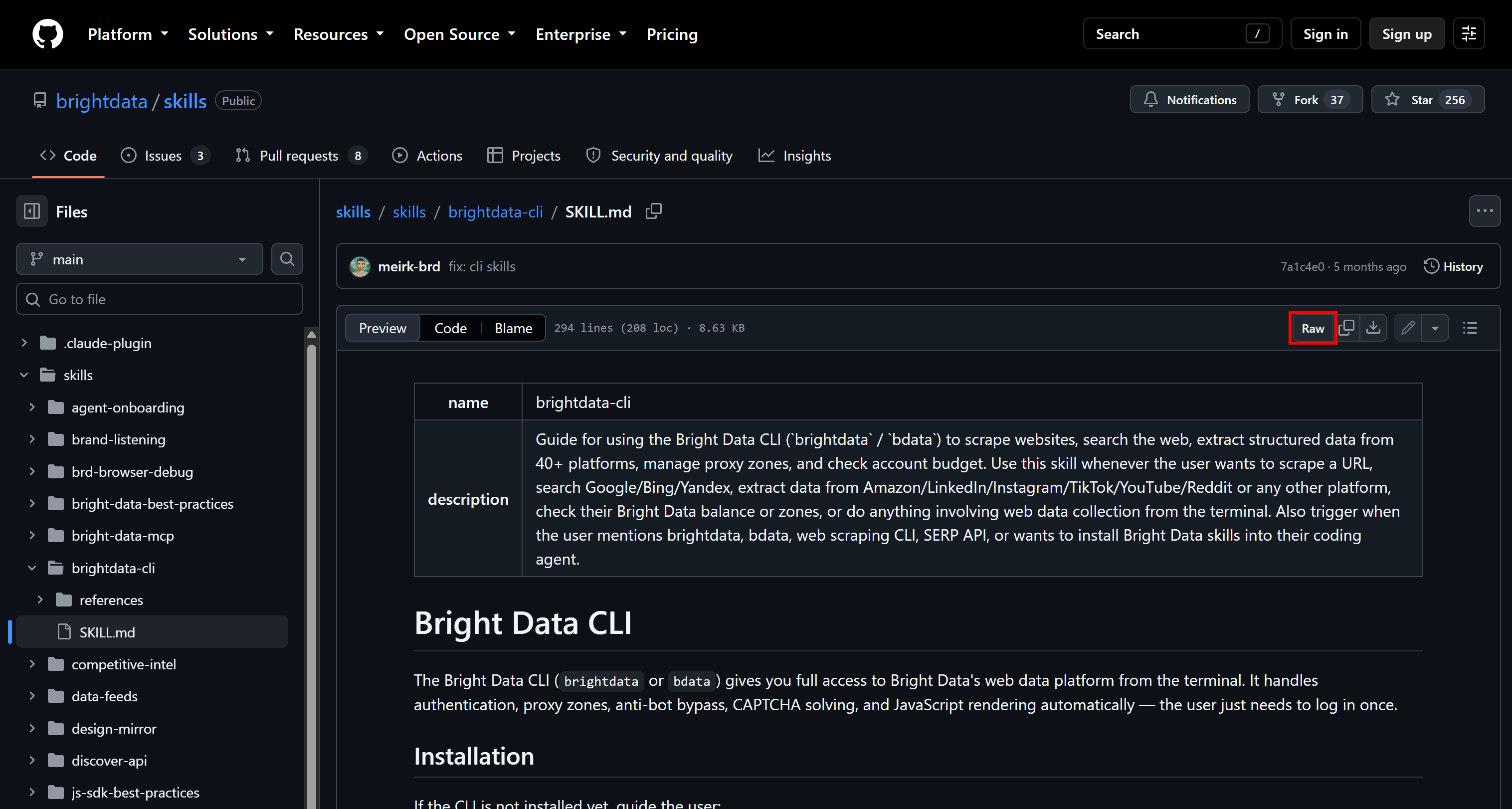 Accessing the raw version of the “brightdata-cli” skill page on GitHUb